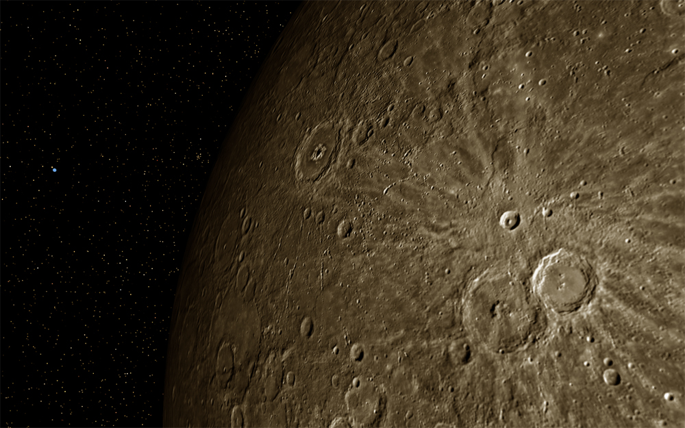 This MESSENGER spacecraft image of Mercury was created for the Center's Voyage National Program. The story behind this image was covered at Blog on the Universe. Click for Zoom and Details